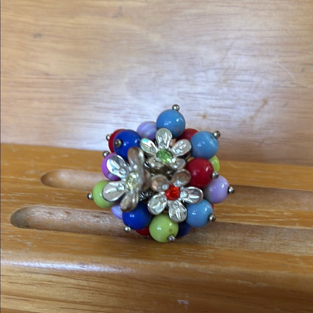 Blue and Red Beaded Floral Ring